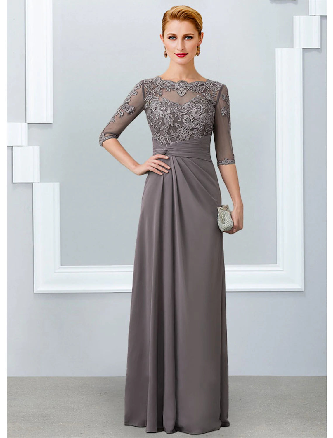 Wholesale  Sheath / Column Mother of the Bride Dress Elegant Jewel Neck Floor Length Chiffon Lace 3/4 Length Sleeve with Appliques